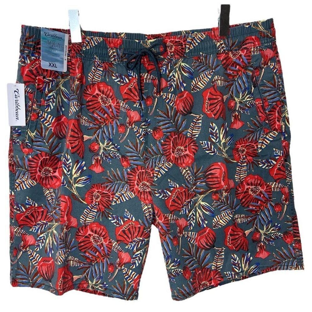 NWT Caribbean Aqua Collection‎ Men's Shorts 9" Inseam Poppy Floral Size XXL